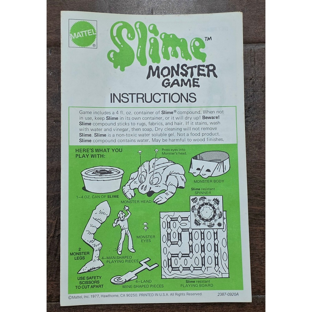 Vintage 1977 Mattel Slime Monster Game Instructions Manual Original Paper 2387